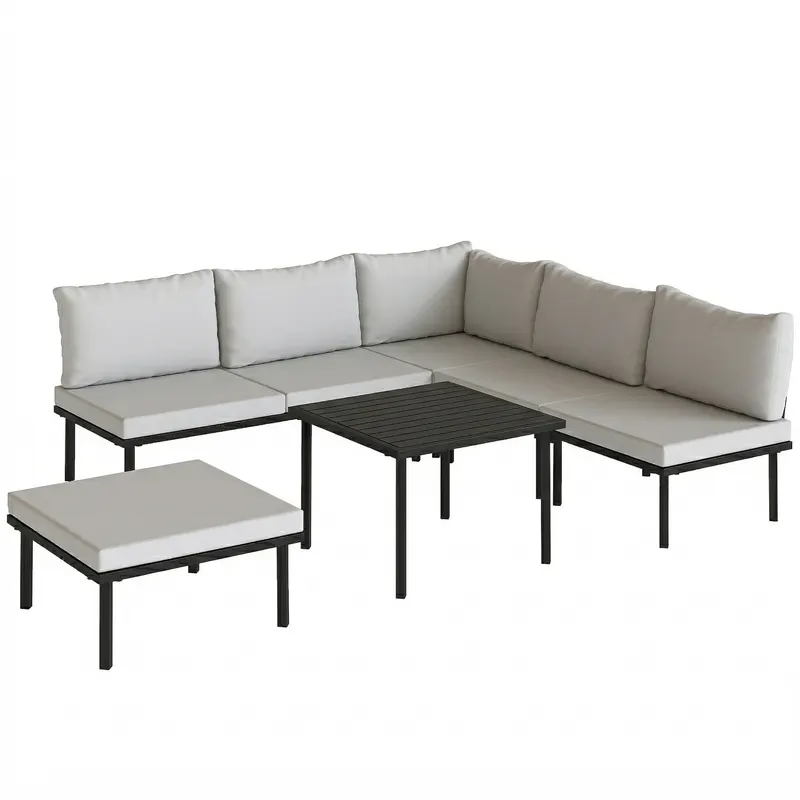 Outsunny Set lounge mobilier grădină 5-6 persoane, canapea 2 locuri, 2 scaune, scaun colțar, masă tip lamele, taburet