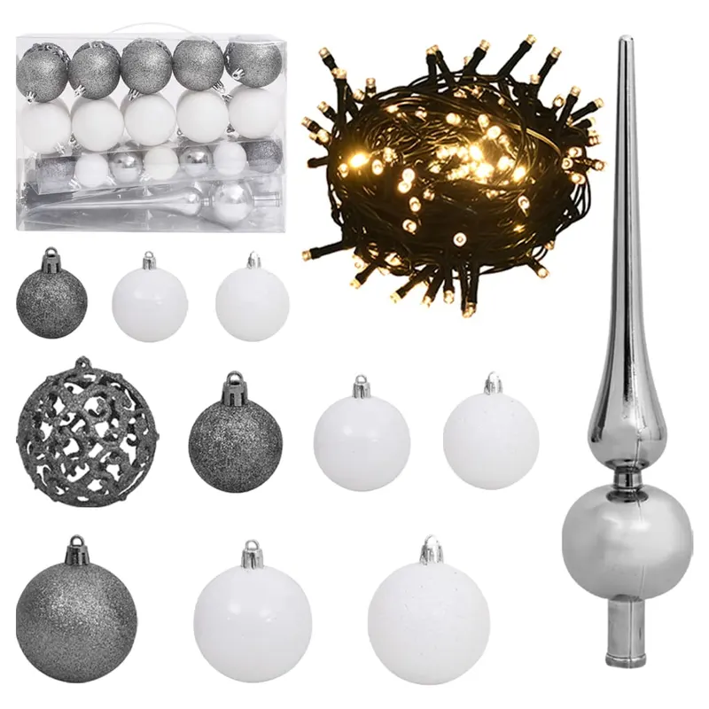 Set globuri craciun cu varf & 150 led-uri 61 piese alb & gri