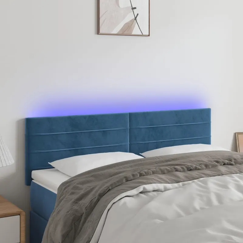 tablie de pat cu led, albastru inchis, 144x5x78/88 cm, catifea