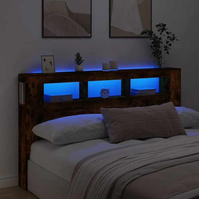 tablie de pat cu led, stejar fumuriu, 180x18,5x103,5 cm, lemn