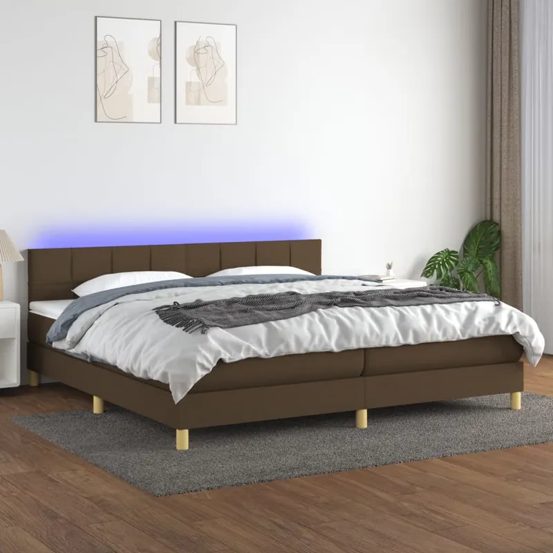pat cu arcuri, saltea si led, maro inchis, 200x200 cm, textil