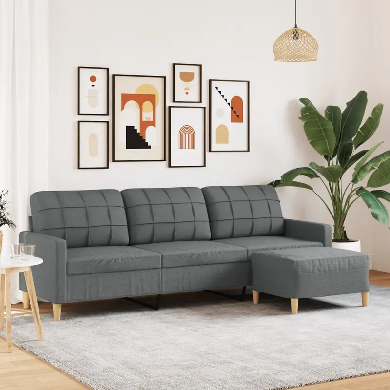 canapea cu 3 locuri si taburet, gri inchis, 210 cm, textil