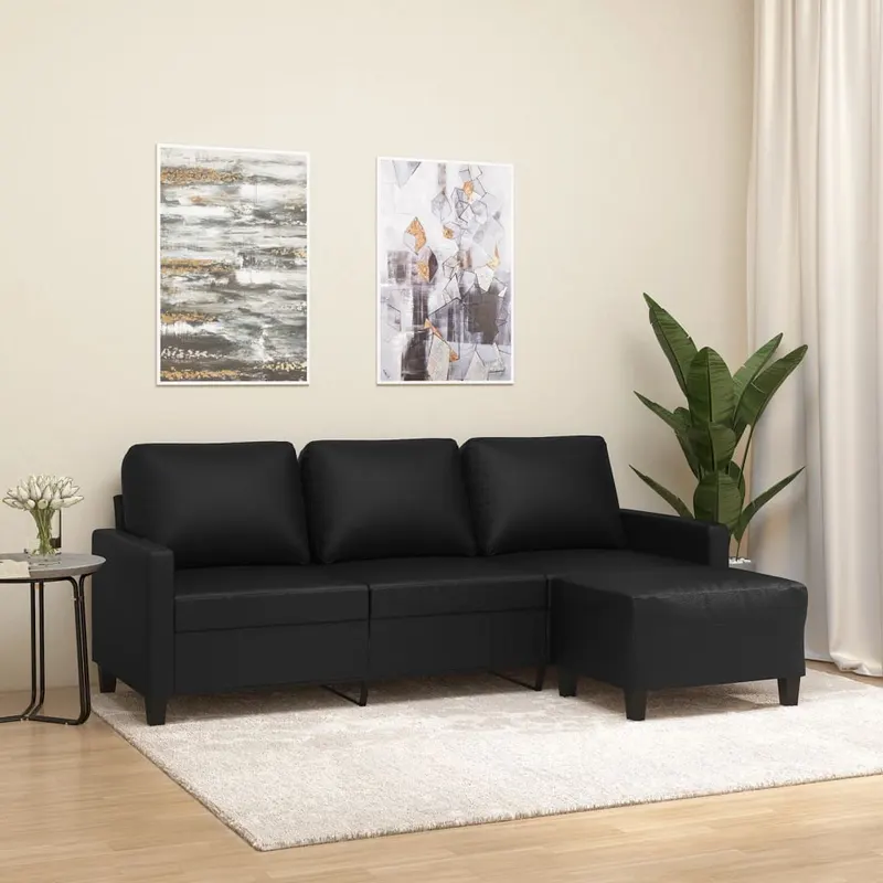 canapea cu 3 locuri si taburet, negru, 180 cm, piele ecologica