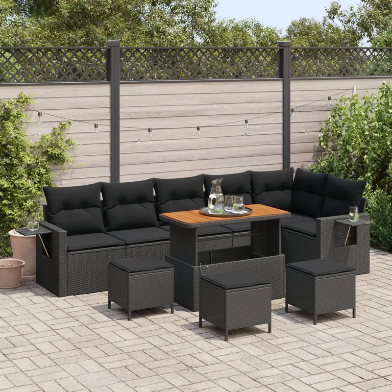 set de sofa pentru gradina de 9 piese cu perne din ratan poli negru si acacia, set de dining pentru gradina de 3 piese cu perne din ratan poli negru si acacia