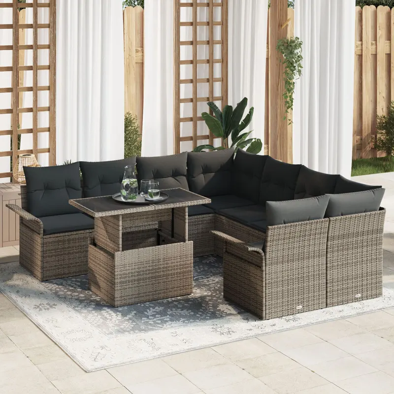 set de canapele de gradina cu 9 piese si perne gri din ratan pe