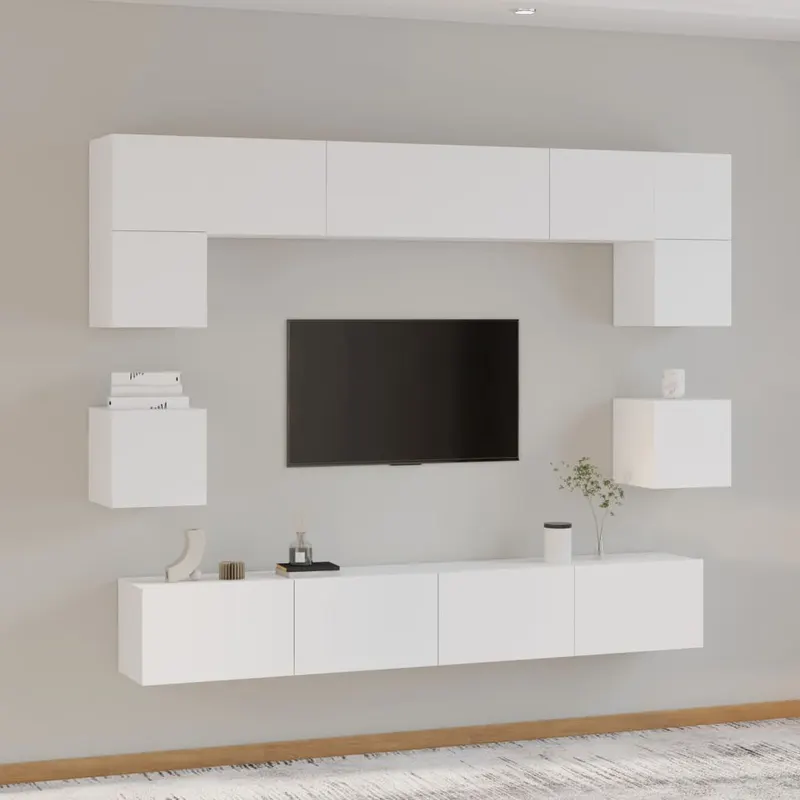set dulap tv, 8 piese, alb, lemn prelucrat