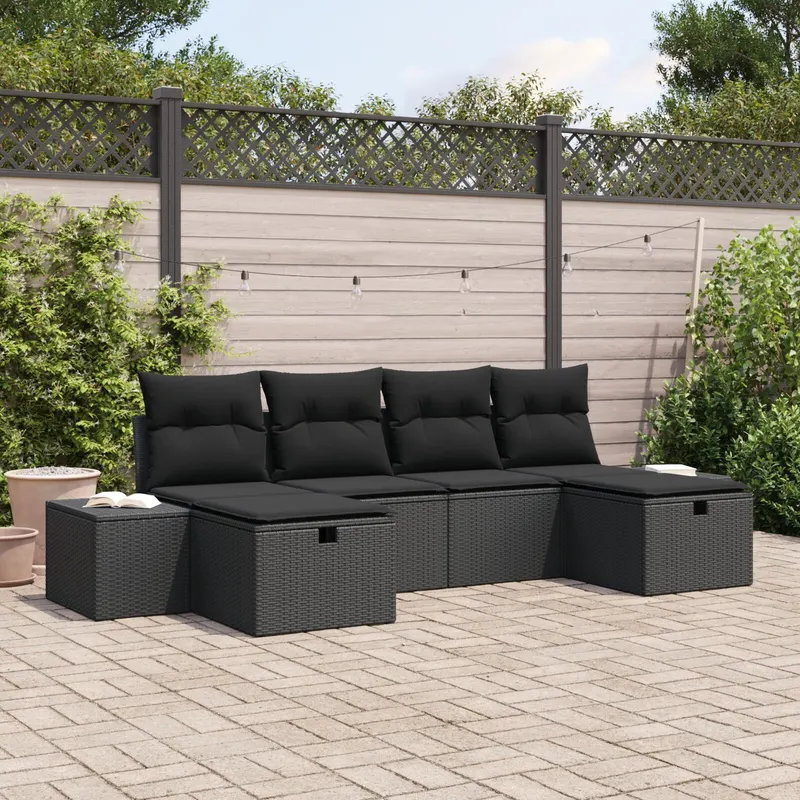 set canapea gradina 6 piese cu perne negru ratan poliratan