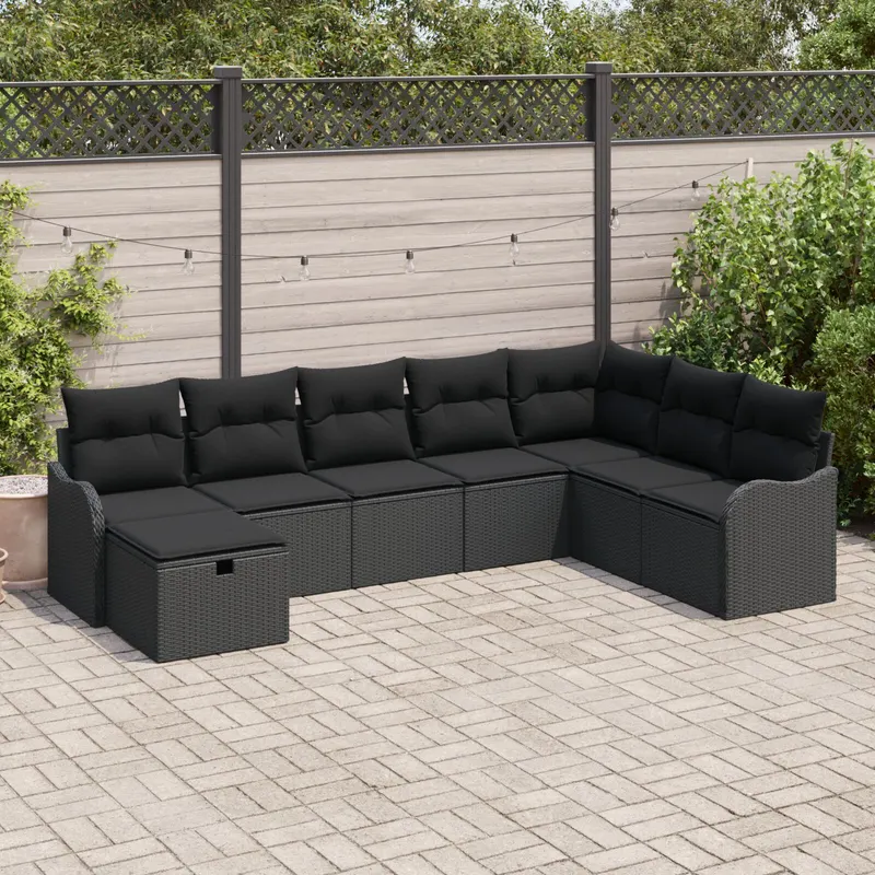 Set de canapea de gradina cu perne ratan poli negru, canapea de gradina cu 2 locuri perne ratan poli negru