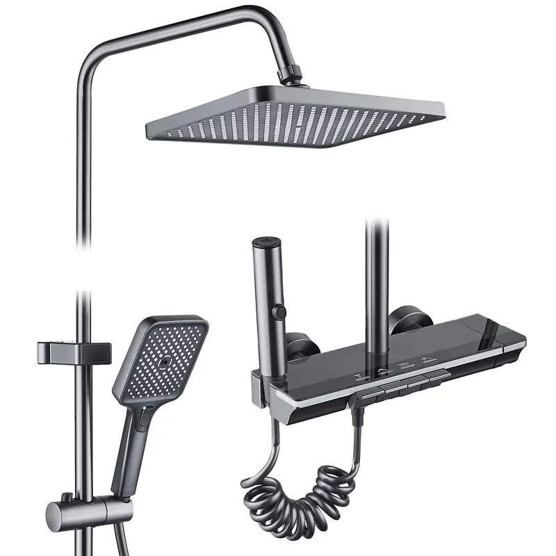 Coloana de dus RAIZ Origins PRIME, 4 functii, Display LCD, Montare rapida, Jet reglabil, Para de dus, Dus fix cu functie ploaie, Functie bideu, Gri