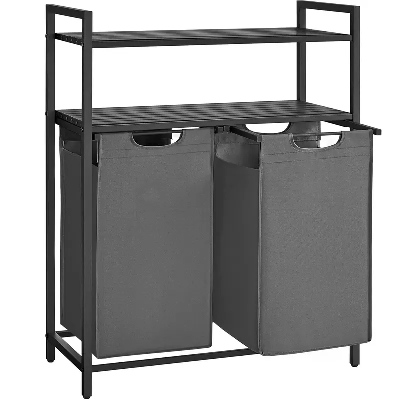 Cos de rufe, cu 2 saci detasabili, 2 rafturi, capacitate de 46L per sac, 73x33x92cm , negru si gri