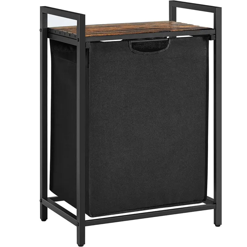 Cos de rufe, sac de rufe detasabil, raft, cadru metalic, 65L, 50x33x72 cm, maro rustic si negru