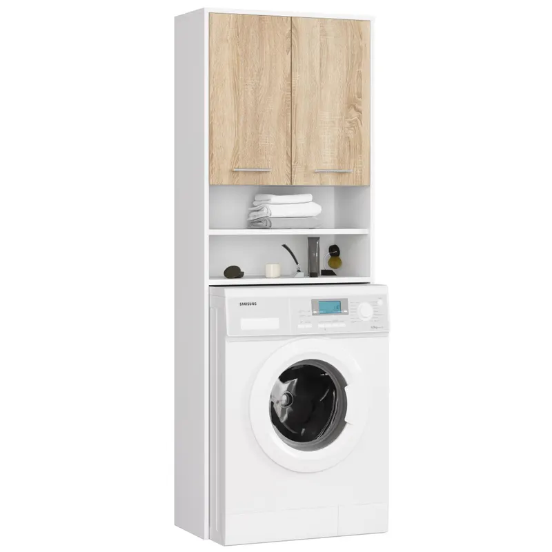 Dulap baie pal inalt 2 usi cu polite, 64x30x180 cm, depozitare generoasa, alb stejar sonoma