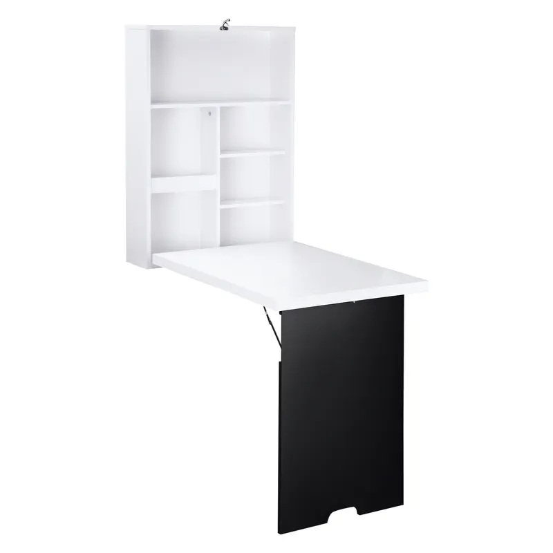 HOMCOM Birou de perete, blat pliabil, 5 rafturi, 60x94,5x147cm, Negru/Alb