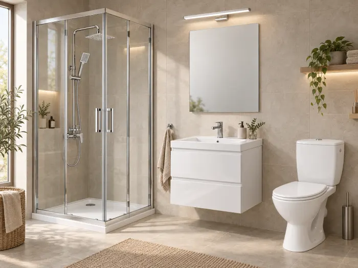 Pachet baie completa cu cabina de dus 80x80 cm, mobilier, lavoar si WC Essential 2