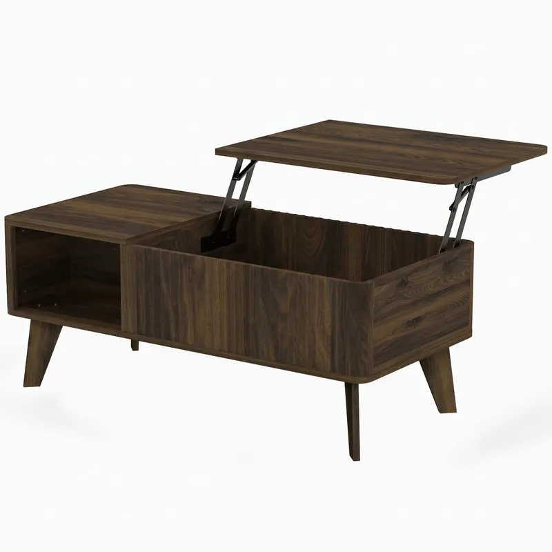 HOMCOM Masă de Cafea Rabatabilă cu Compartiment Ascuns Rafturi Deschise Față Frontală Ondulată 100x48x41-56 cm Nuc