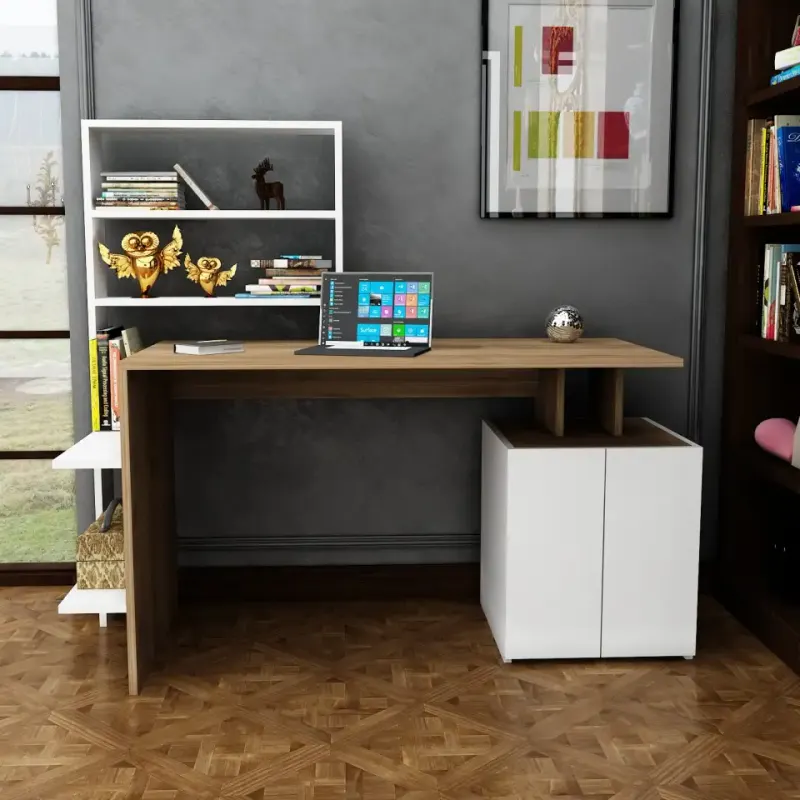 Birou cu biblioteca incorporata Melis, 146.3 x 128.8 x 60 cm, alb/nuc