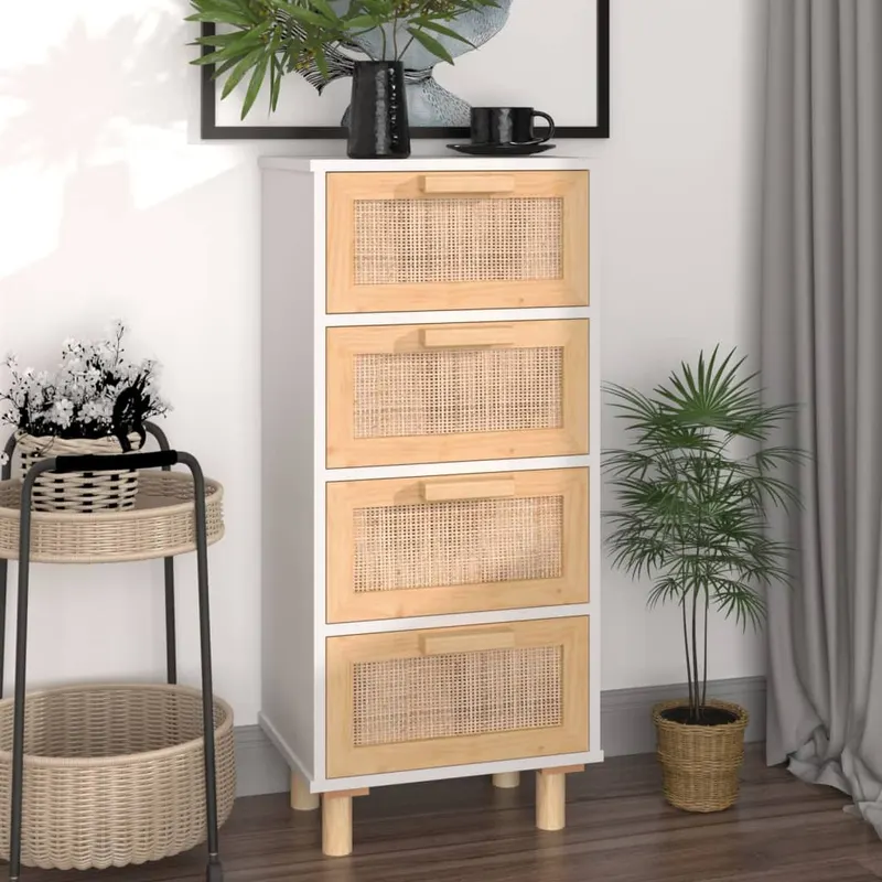 servanta, alb, 40x30x90 cm, lemn masiv pin si ratan natural