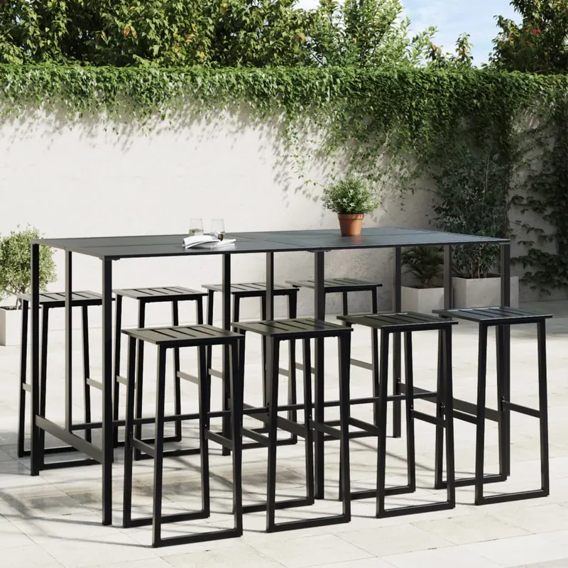 set bar de gradina 9 piese, negru, otel vopsit electrostatic