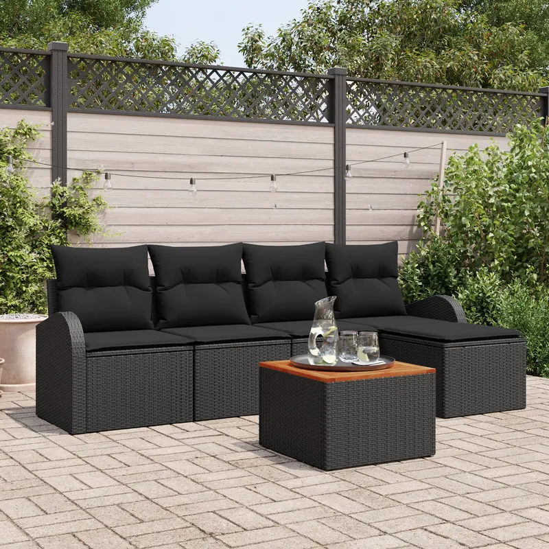 Set de sofa pentru gradina 6 piese cu pernute negru poliratan acacia, sofa pentru gradina 2 locuri cu depozitare & pernute negru poliratan