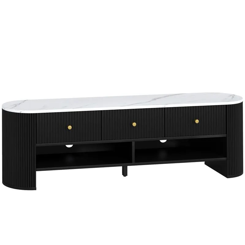 HOMCOM Corp TV 140 cm, pentru televizoare de 165 cm, efect marmură, 3 sertare cu fronturi canelate, 2 rafturi, negru
