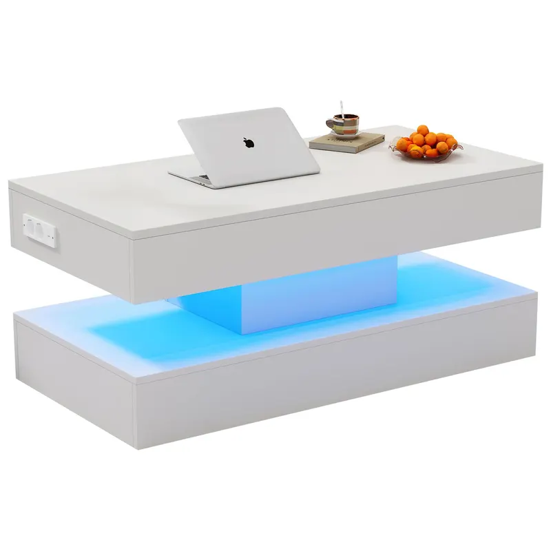 Masă de cafea modernă cu iluminare LED și spațiu de depozitare ascuns, măsuță laterală cu sistem hidraulic de ridicare, 100x50x42 cm, Alb