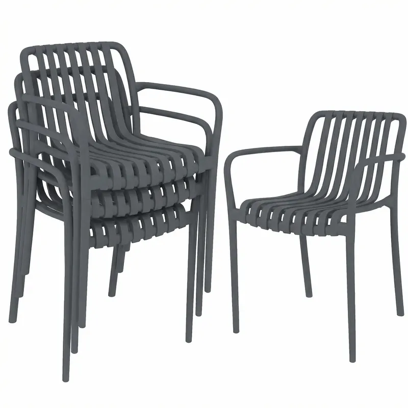 Outsunny Set 4 scaune pentru grădină Scaune stivuibile pentru terasă cu design cu lamele și cotiere, ergonomice Gri închis