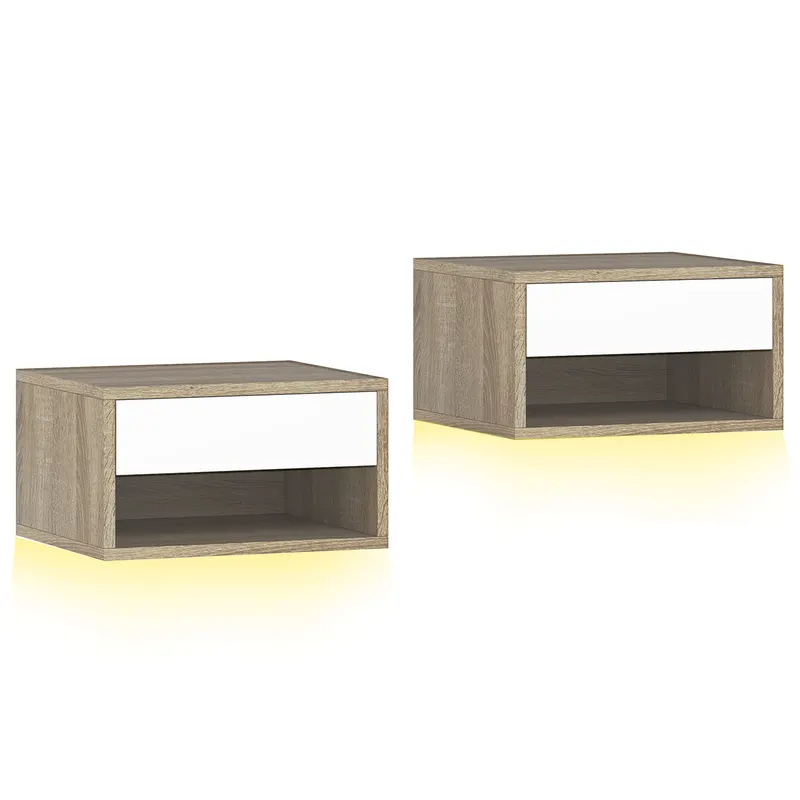 HOMCOM Set 2 Noptiere Suspendate cu LED RGB Integrat și Reglabil prin Aplicație, 37x32x21 cm, Alb Imitație Lemn