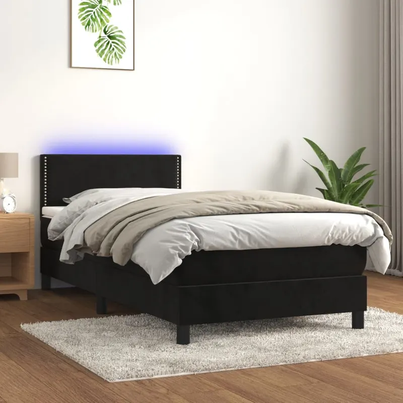 pat cu arcuri, saltea si led, negru, 100x200 cm, catifea