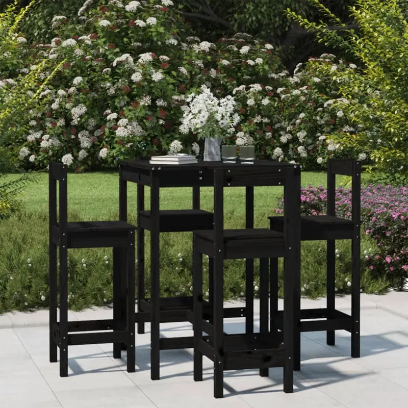 set mobilier bar de gradina, 5 piese, negru, lemn masiv de pin