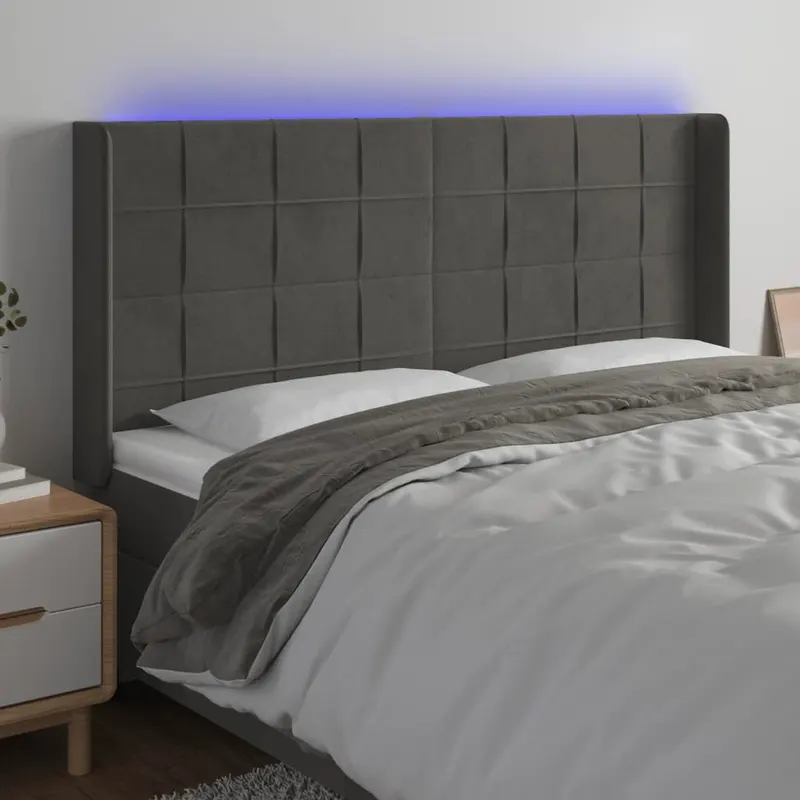 tablie de pat cu led, gri inchis, 163x16x118/128 cm, catifea