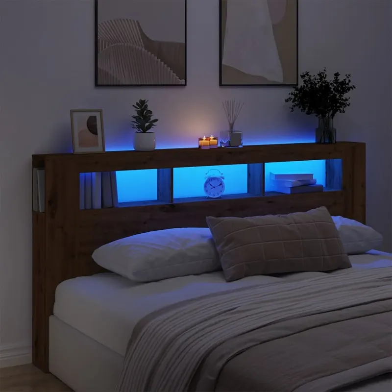 tablie de pat cu led, stejar artizanal, 200x18,5x103,5 cm, lemn