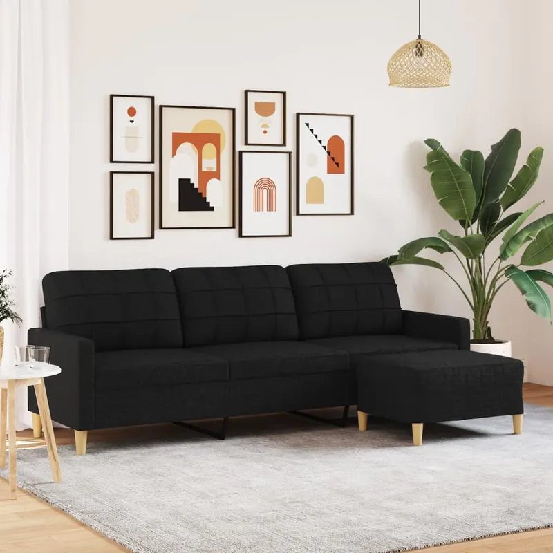 canapea cu 3 locuri si taburet, negru, 210 cm, textil