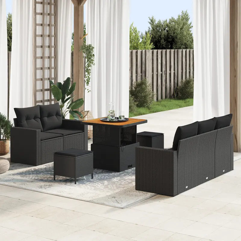 Set de canapele de gradina cu perne 8 piese poliratan negru acacia, set de dining de gradina cu perne 3 piese poliratan negru acacia