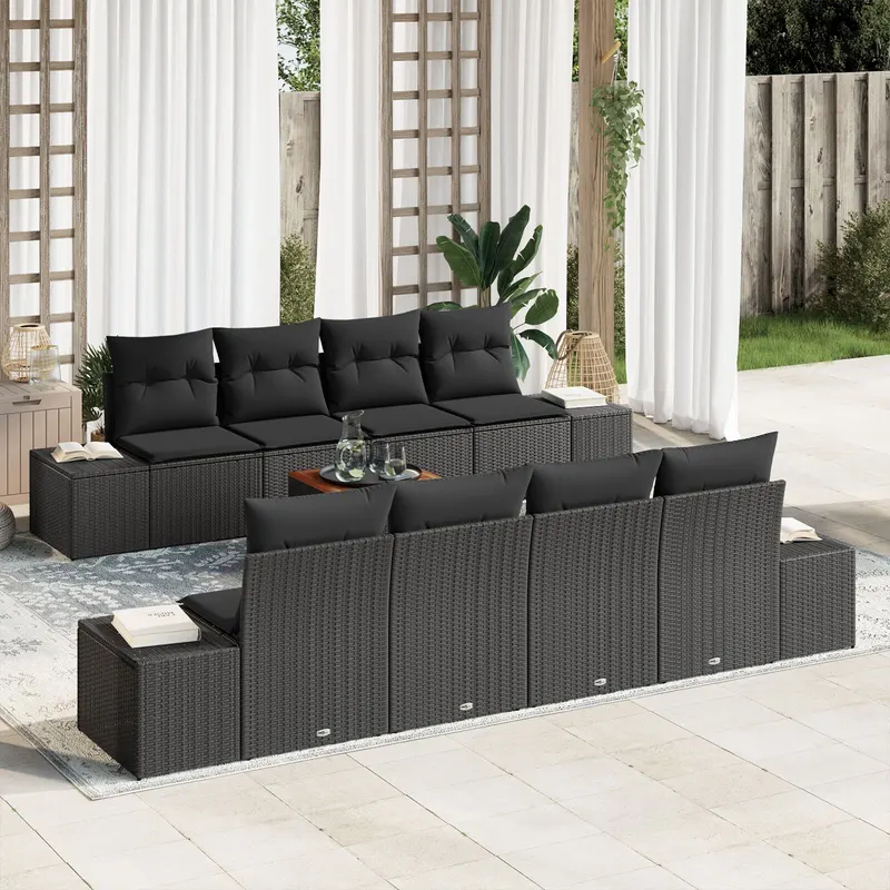 set de canapele de gradina cu 9 piese si perne negre din ratan polimer acacia