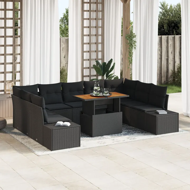 set de masa de gradina de 10 piese cu perne, ratan poli, acacia, negru