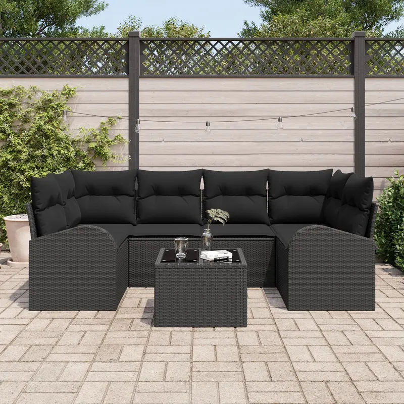 set de 7 piese canapea de gradina cu perne negru poli ratan