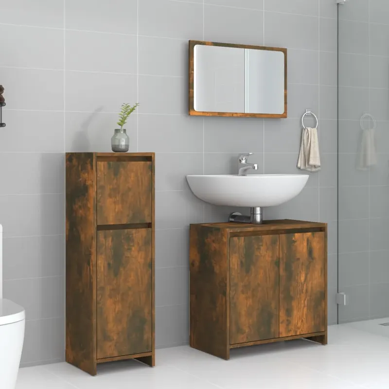 set mobilier de baie, 3 piese, stejar fumuriu, lemn prelucrat