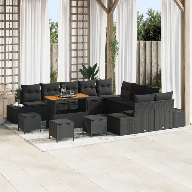 Set de sofera pentru gradina , 14 piese cu perne, poliratan negru, acacia, sofa de gradina cu 2 locuri, cu spatiu de depozitare si perne, poliratan negru, set de dining pentru gradina, 4 piese, cu perne, poliratan negru, acacia