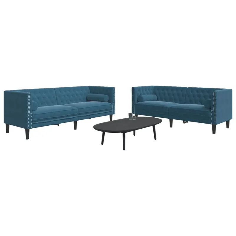 set canapele chesterfield perne rulou 2 piese albastru catifea