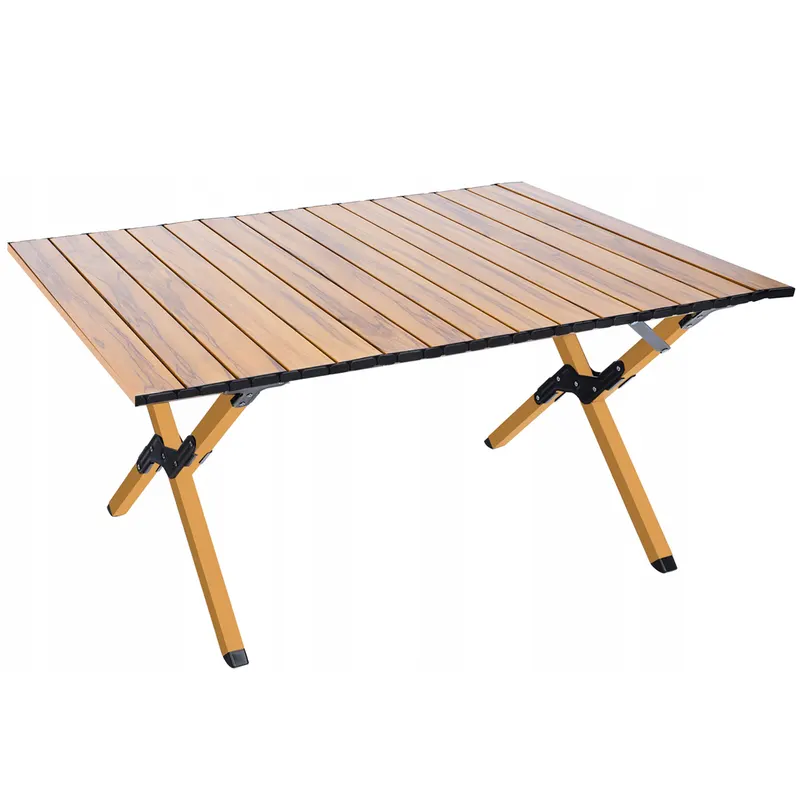 Masa camping pliabila cadru metalic blat plastic compact, 90x60x44 cm, transport facil, maro