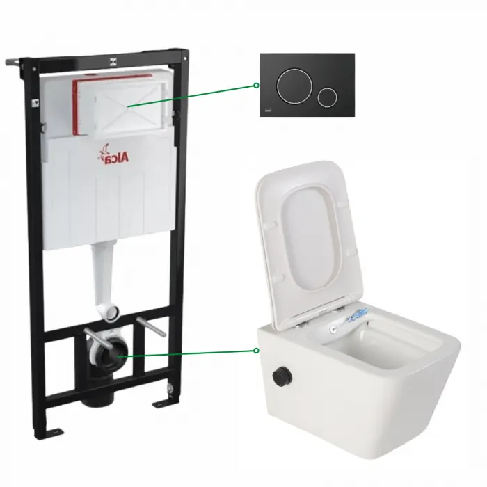 Set vas wc suspendat cu functie bideu si baterie inclusa Safari, rezervor incastrat si clapeta negru mat cu detalii argintii, Alcaplast
