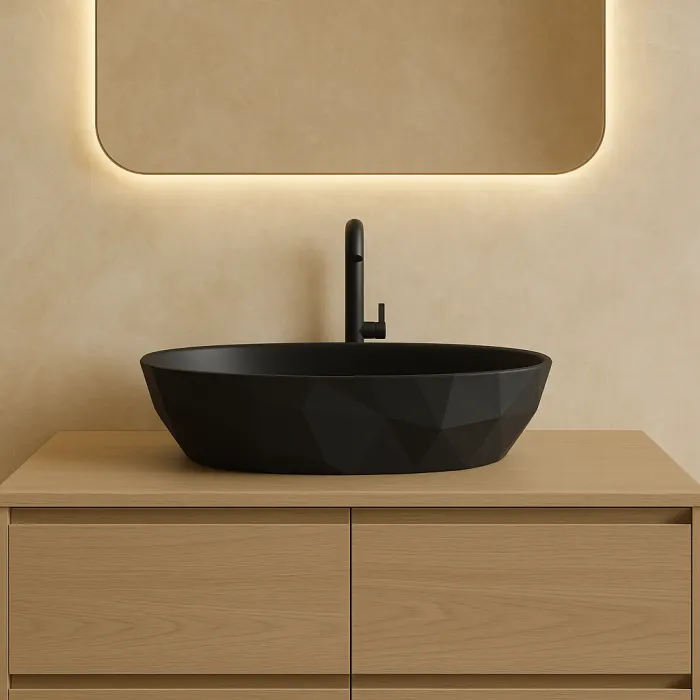 Lavoar pe blat din compozit negru mat 56 cm, oval, 3D, Armonia Slim