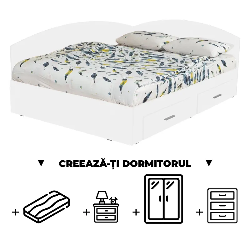 Creeaza-ti Dormitorul ALMA, alb, de la Pat Colt 160x200 cm, cu 2 sertare laterale pe role, adauga Saltea, Noptiere, Comoda, Dulap