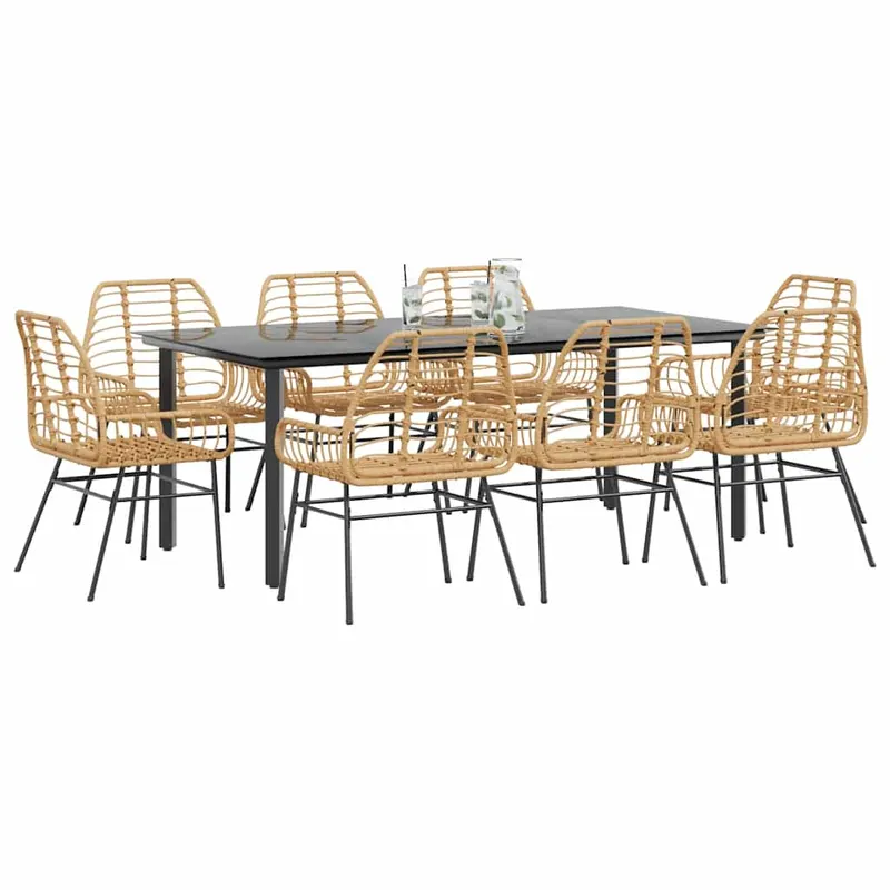 set de sufragerie de gradina 9 piese sticla maro din poli ratan