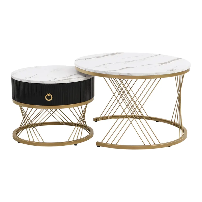 Set de 2 Măsuțe de Cafea Moderne Modulare din Marmură Sintetică cu Detalii Aurii și Sertare, Dimensiuni 70x70x45 cm și 50x50x40 cm, Alb