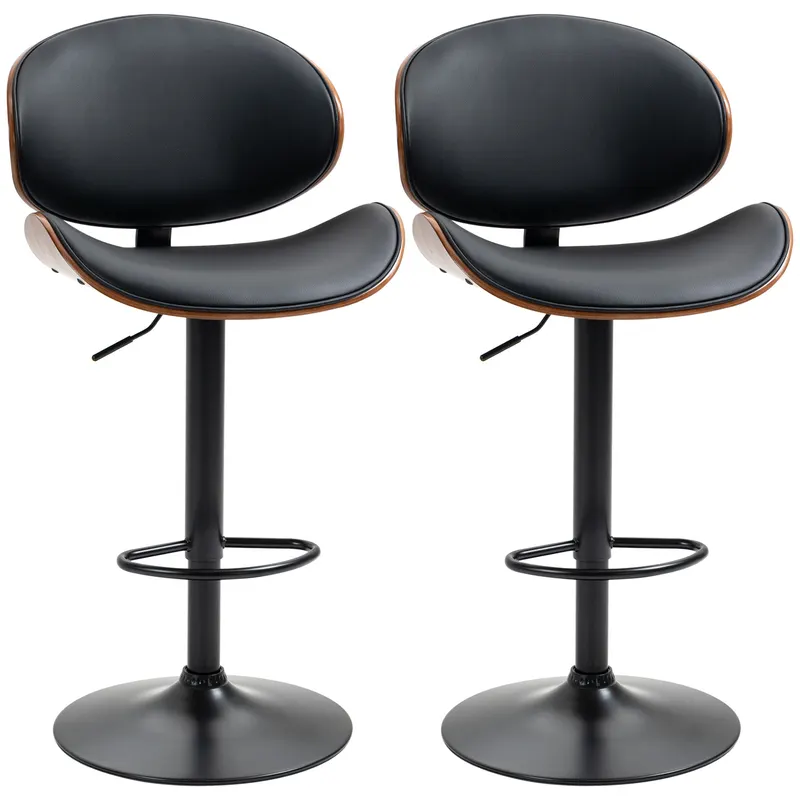 HOMCOM Set de 2 Scaune de Bar cu Spătar Reglabil pe Înălțime, Lemn și Piele Ecologică, 53x52x92-112 cm, Negru