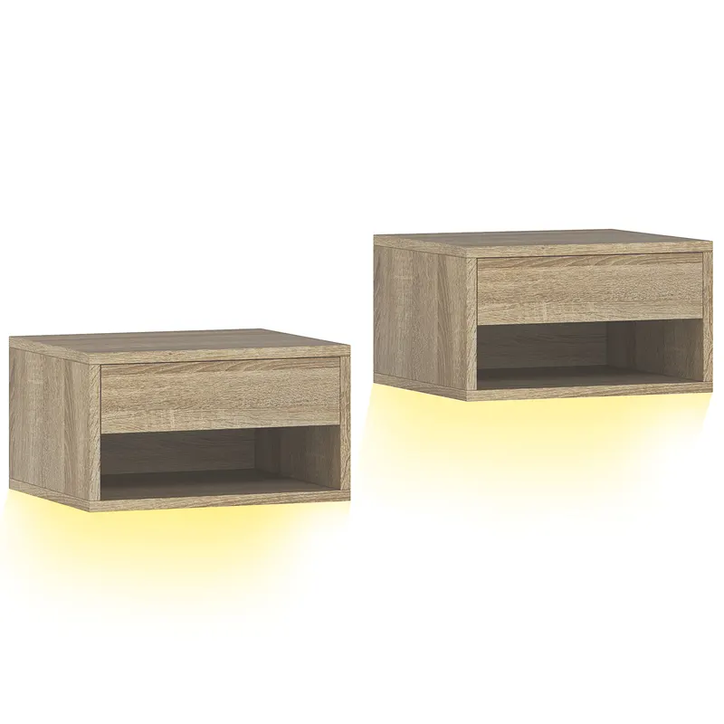 HOMCOM Set 2 Noptiere Suspendate cu LED Integrat și Reglabil prin Aplicație, Sertar și Raft, 37x32x21 cm, Nuanță de Lemn