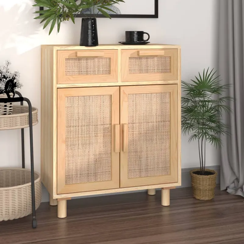 servanta, maro, 60x30x75 cm, lemn masiv pin si ratan natural