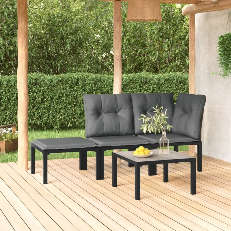 set mobilier de gradina, 4 piese, negru si gri, poliratan