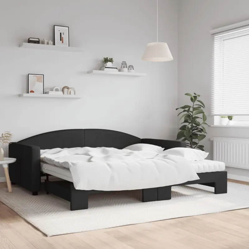 pat de zi cu extensie si saltele, negru, 100x200 cm, textil